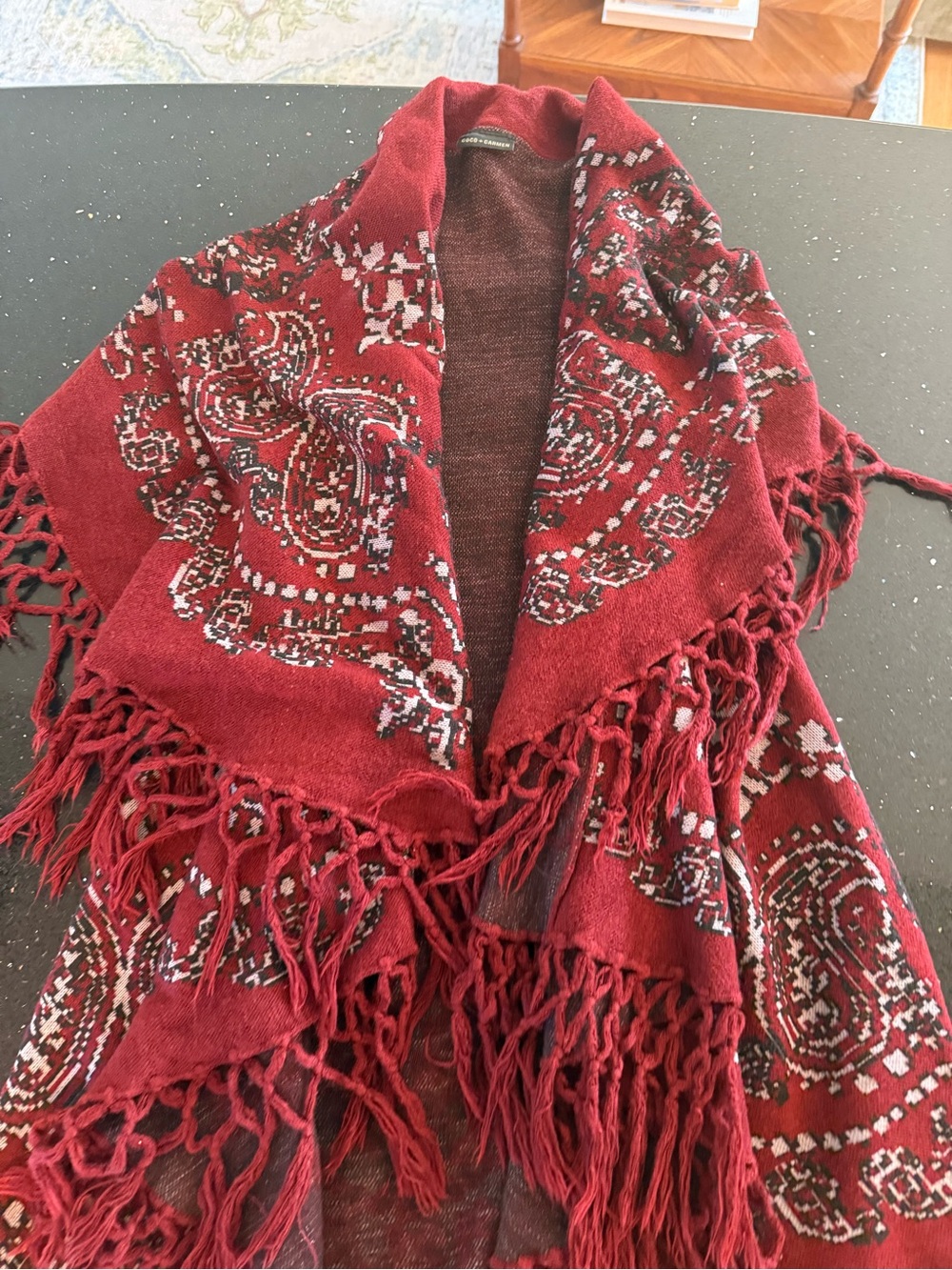 Fringed Paisley Knit Coco + Carmen Wrap Shawl - Wine Red - Picture 4 of 6